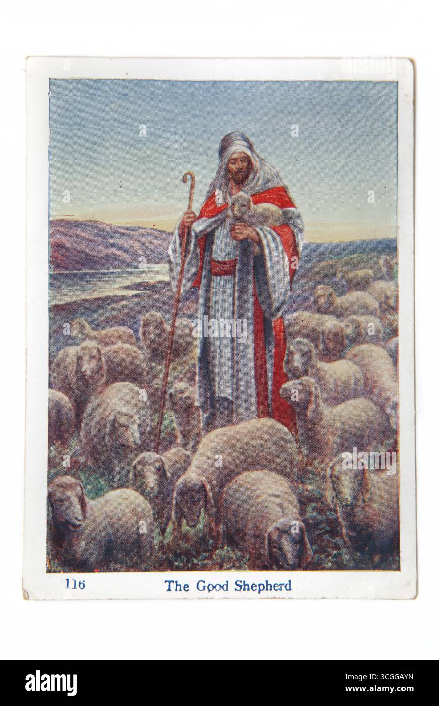 Illustration Jesu Christi als Guten Hirten (Psalm) aus dem 20. Jahrhundert 1915 Bibelunterrichtsbilder (die Kinderunterrichtsbilder) Sonntag Scho Stockfoto