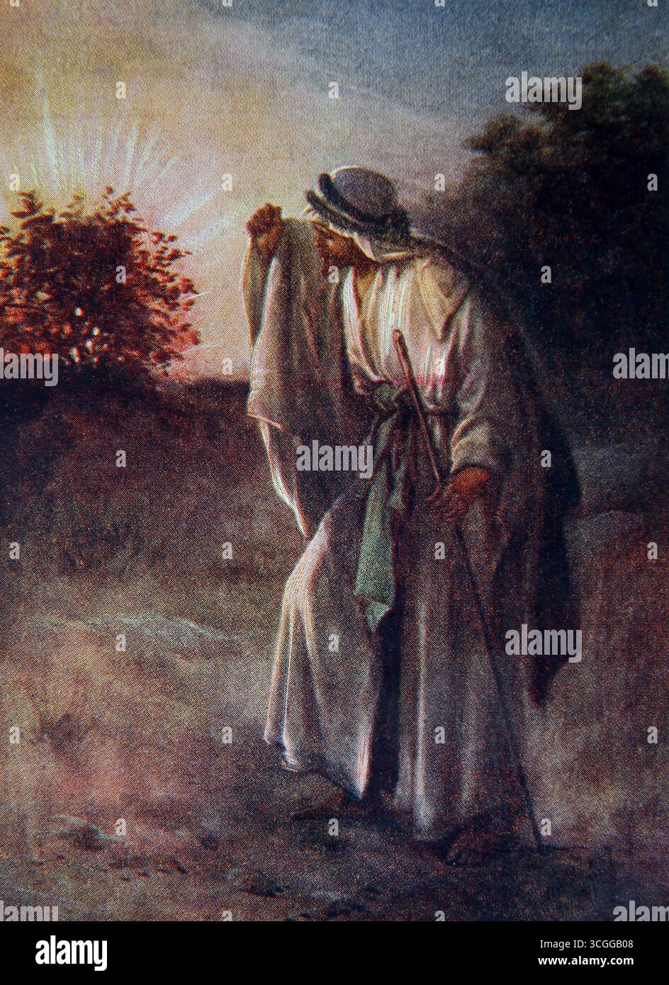 Illustration von Moses und dem brennenden Busch (Exodus) aus dem 20. Jahrhundert Bibelunterricht Bilder 1916 (die Kinder Unterrichtsbilder) Sonntagsschulverband Stockfoto