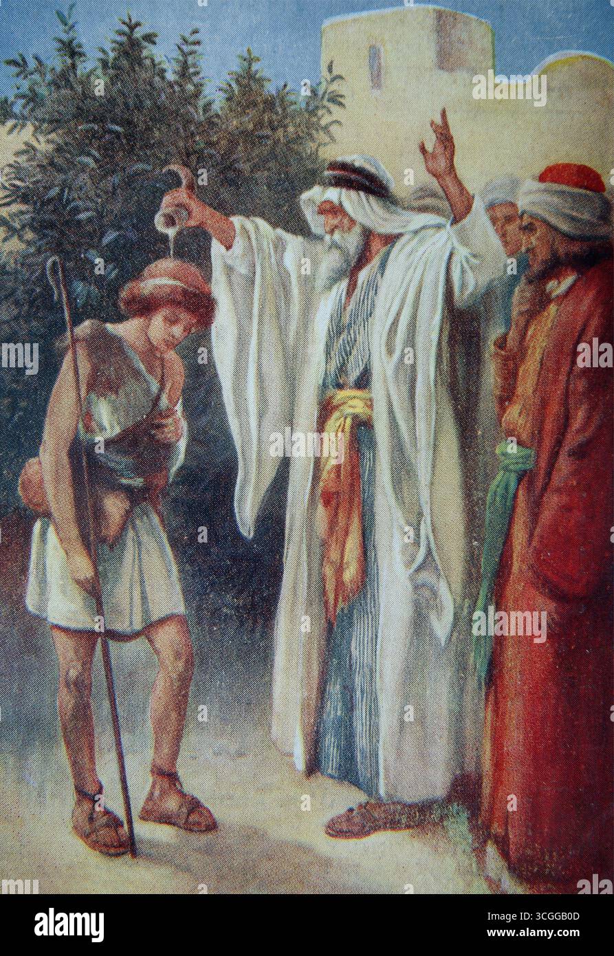 Illustration des Propheten Samuel, der David zum König über Israel salbt (Samuel) aus dem 20. Jahrhundert 1915 Bilder der Bibelstunde (die Kinderstunde P Stockfoto