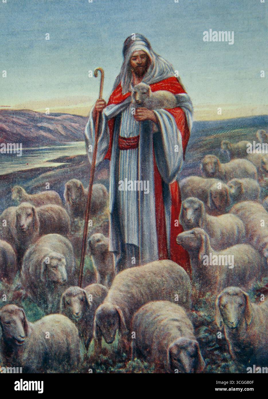Illustration Jesu Christi als Guten Hirten (Psalm) aus dem 20. Jahrhundert 1915 Bibelunterrichtsbilder (die Kinderunterrichtsbilder) Sonntag Scho Stockfoto
