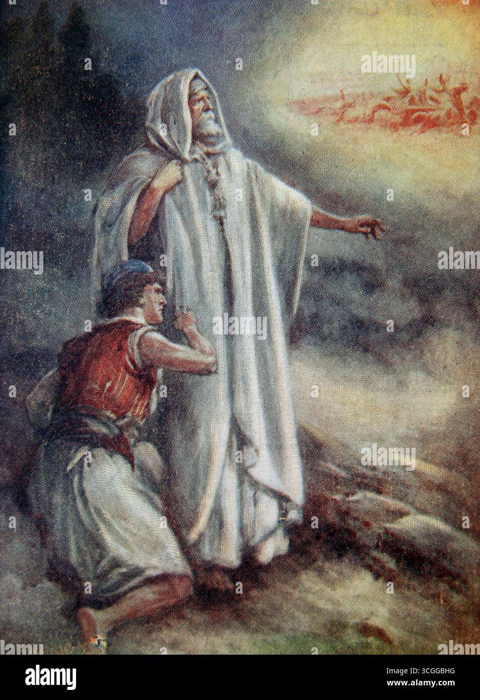 Illustration der himmlischen Verteidiger - Prophet Elisha zeigt seinem Diener den Berg der Pferde und Wagen des Feuers, der von Gott gesandt wurde, um Elischa f zu verteidigen Stockfoto