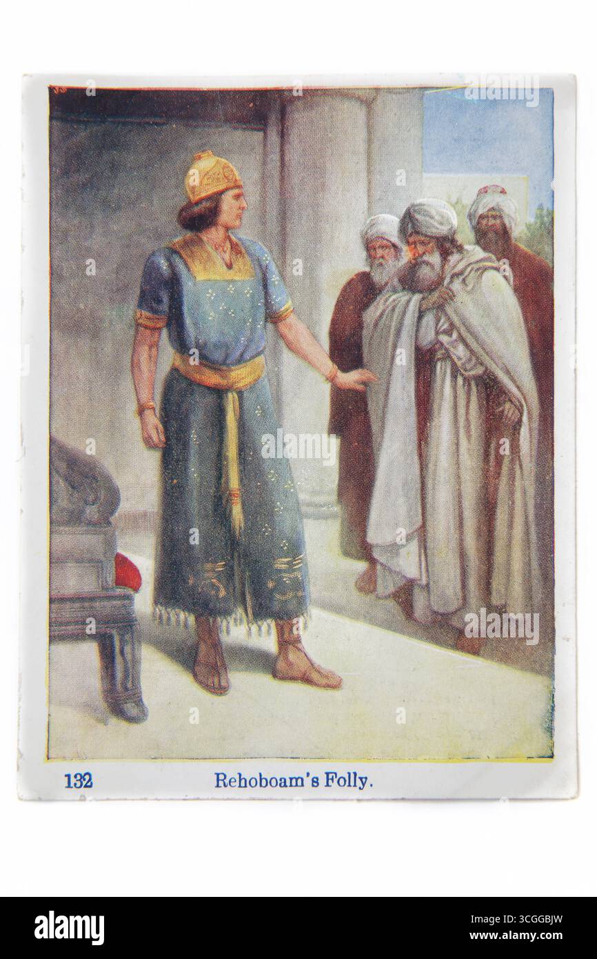 Illustration des Königs Rehabeam, der der Partei der Männer, die zu ihm kamen, um weniger Steuern zu verlangen, erzählt, dass er sie dazu bringen werde, mehr (Könige) aus dem 20. Jahrhundert zu zahlen Stockfoto