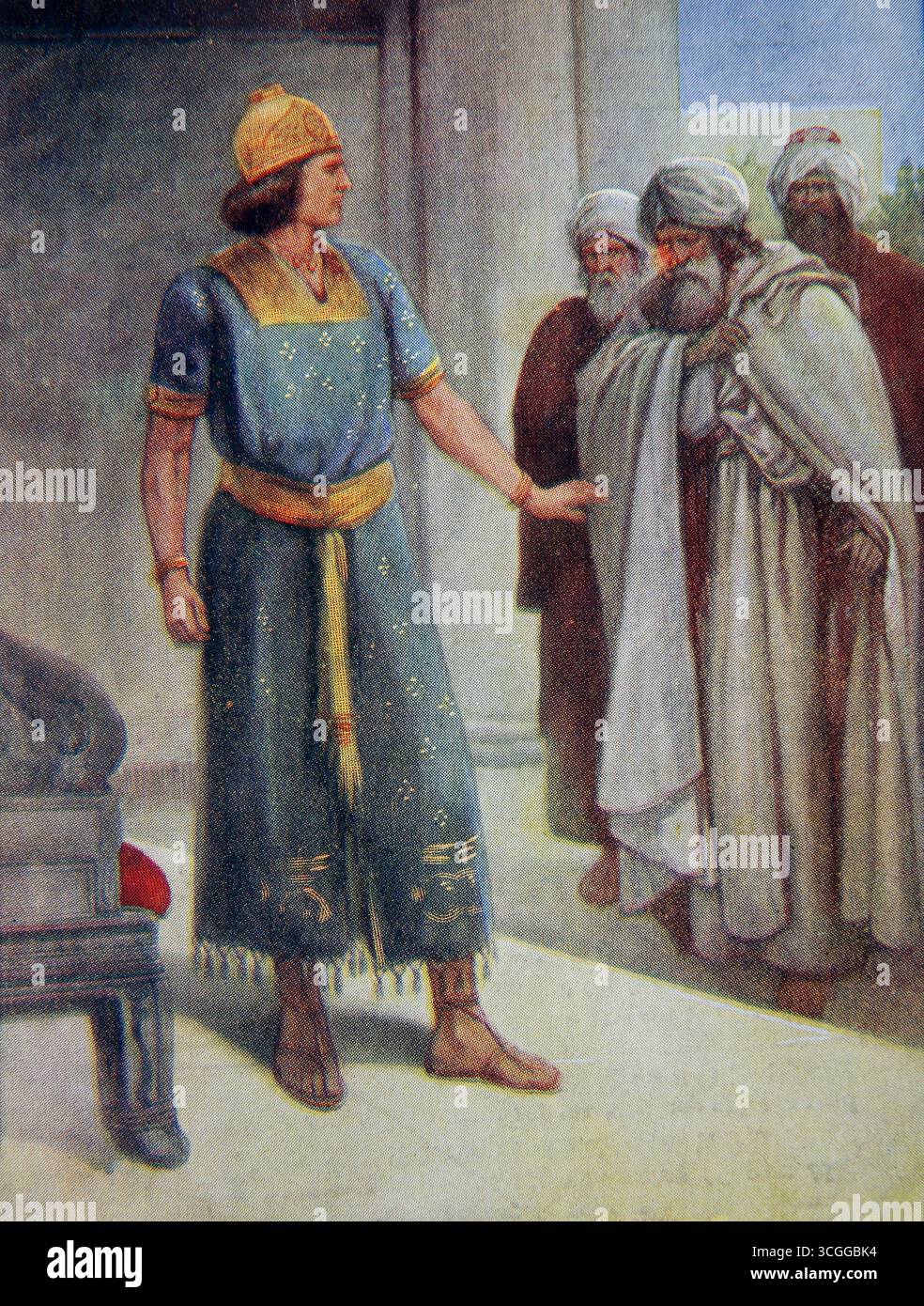 Illustration des Königs Rehabeam, der der Partei der Männer, die zu ihm kamen, um weniger Steuern zu verlangen, erzählt, dass er sie dazu bringen werde, mehr (Könige) aus dem 20. Jahrhundert zu zahlen Stockfoto