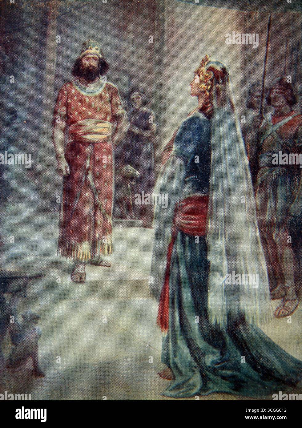 Illustration der Königin von Saba am Hof des Königs Salomo (Könige) aus dem 20. Jahrhundert 1915 Bibelunterrichtsbilder (die Kinderunterrichtsbilder) S Stockfoto