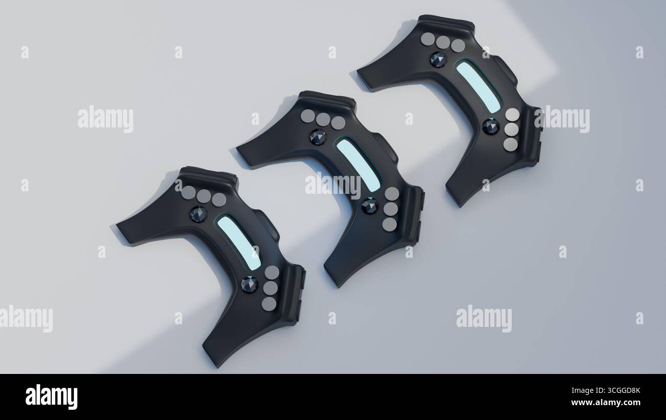 Reihe futuristischer schwarzer Gamepads mit leuchtenden blauen Akzenten in ordentlicher Ausrichtung. Stockfoto