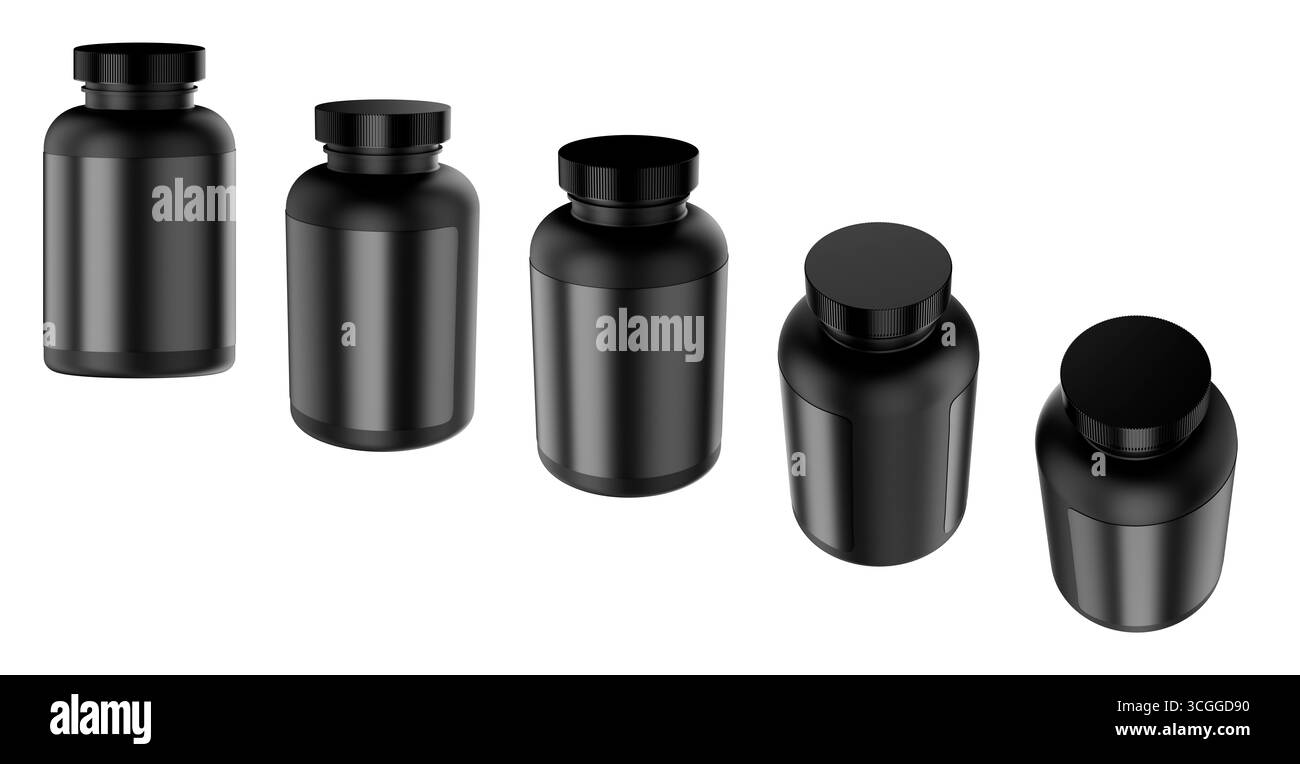 3D-Modell von drei glänzenden schwarzen Gläsern für Vitamine oder Nahrungsergänzungsmittel, isoliert auf weißem Hintergrund, mit leeren Etiketten. Stockfoto