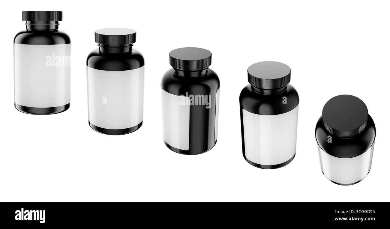 3D-Modell von drei glänzenden schwarzen Gläsern für Vitamine oder Nahrungsergänzungsmittel, isoliert auf weißem Hintergrund, mit leeren Etiketten. Stockfoto