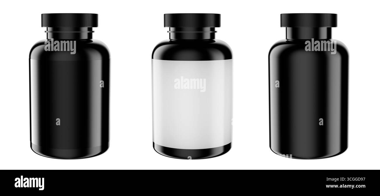 3D-Modell schwarzer Gläser für Vitamine oder Nahrungsergänzungsmittel, isoliert auf weißem Hintergrund, mit leeren schwarzen und weißen Etiketten. Stockfoto