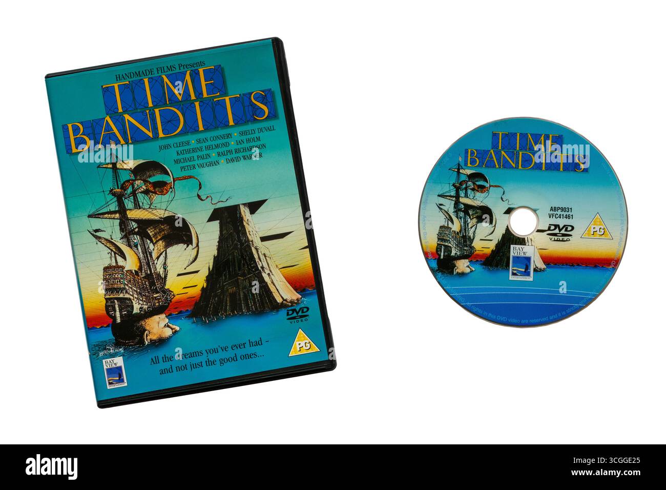 Time Bandits DVD mit CD aus dem Gehäuse isoliert auf weißem Hintergrund Stockfoto