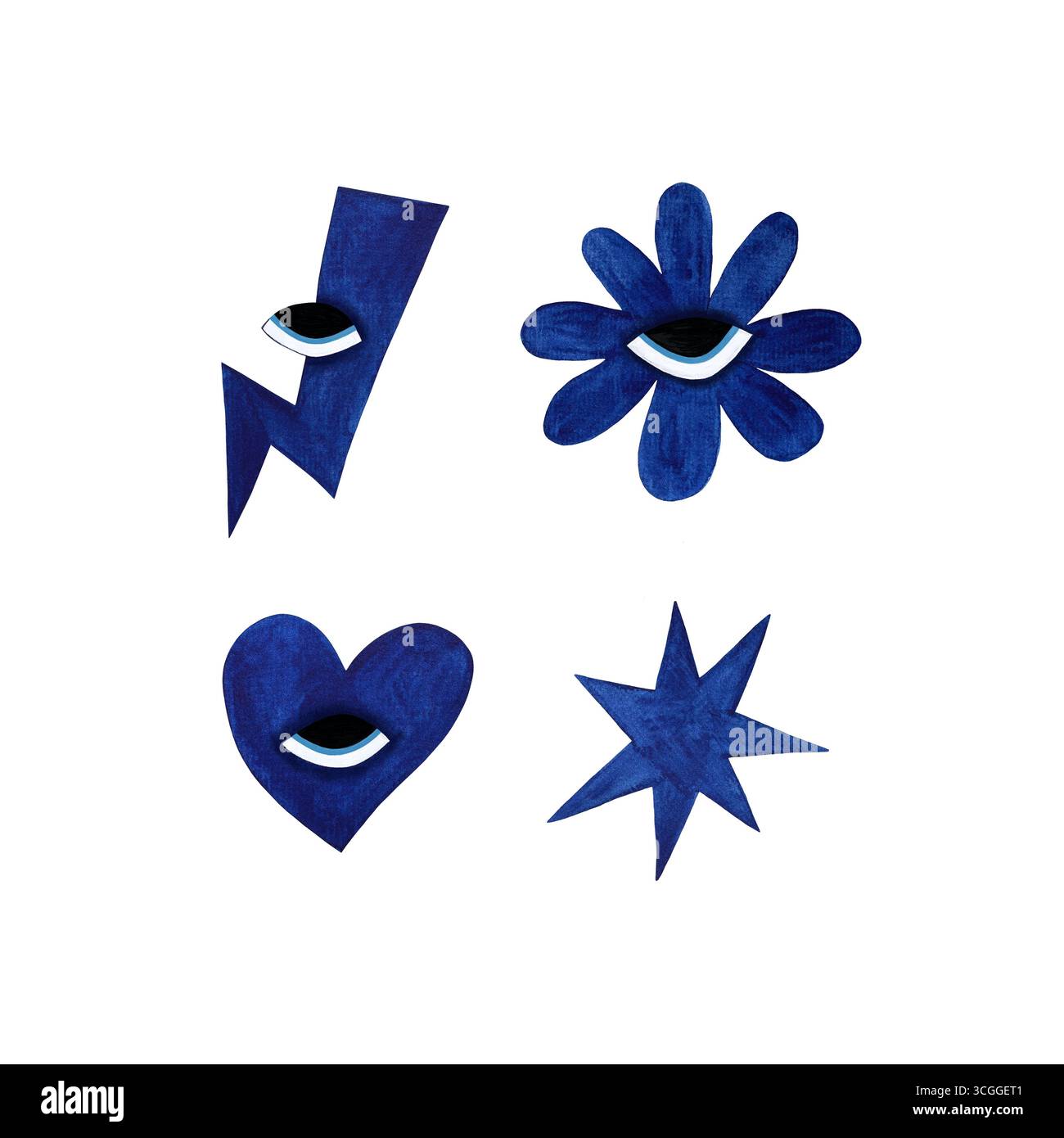 Ein Aquarellset aus hellblauen Elementen mit Augen, einschließlich Blitz, Blume, Herz und Stern, auf weißem Hintergrund. Dieses kühne und Stockfoto