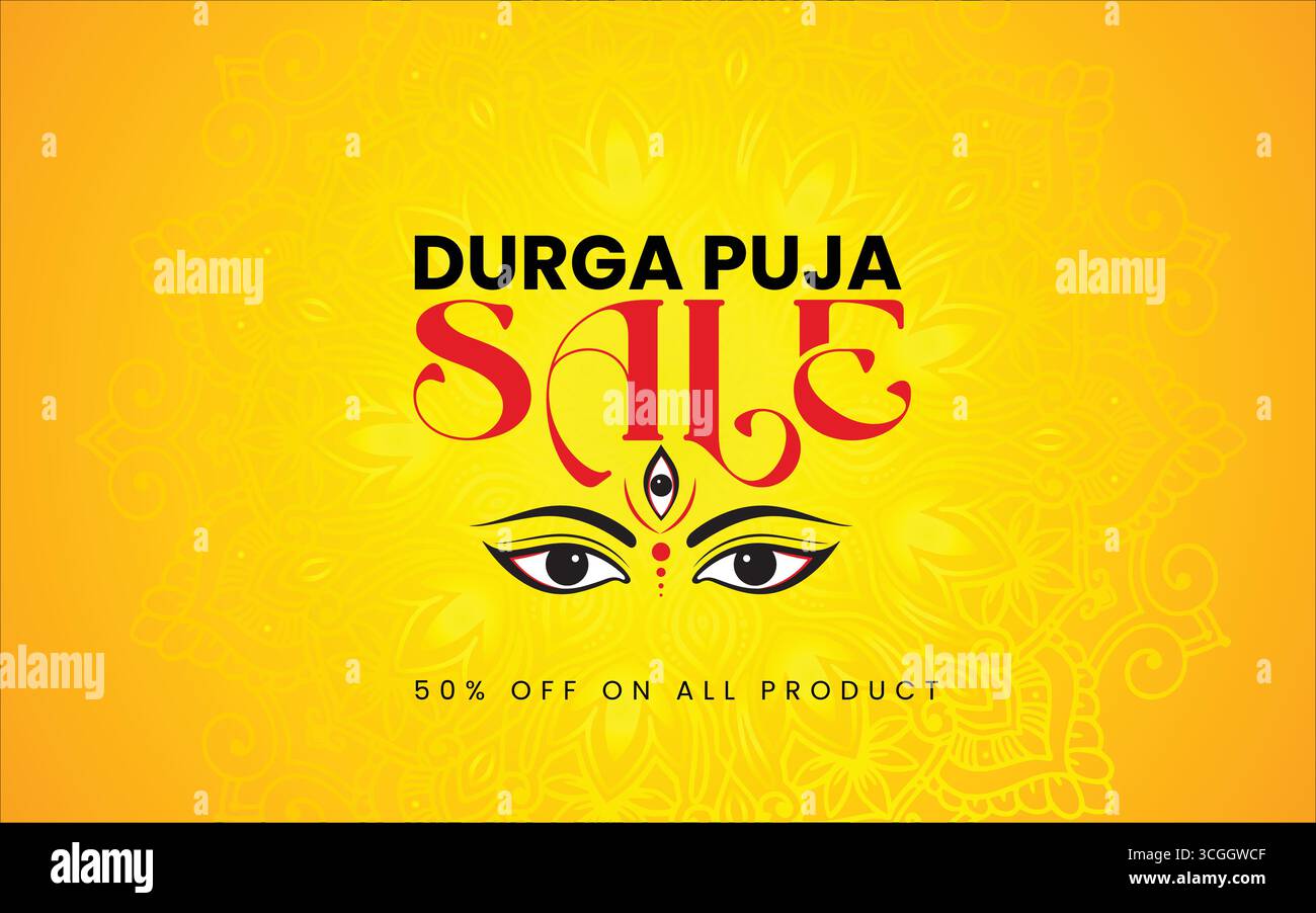 Navaratri oder Happy durga Puja Festival Sale Tag Poster Banner oder große Festsaison Angebot Poster, bis zu 50 % Rabatt Poster, vollständig bearbeitbar Stock Vektor