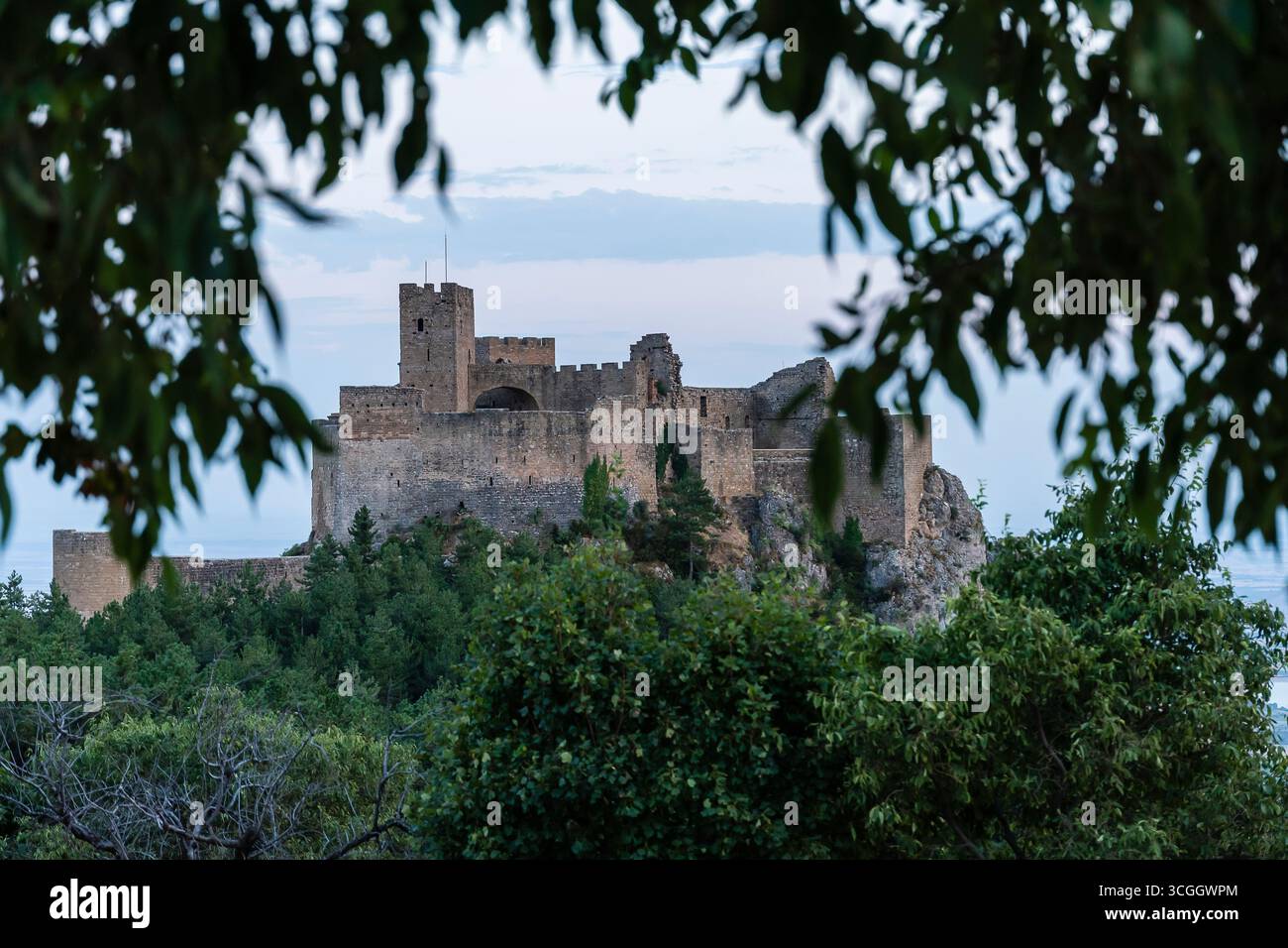 Ein majestätisches Schloss mit Blick auf das Meer, umgeben von Bäumen, während die Sonne in einer ruhigen Abendatmosphäre untergeht. Stockfoto