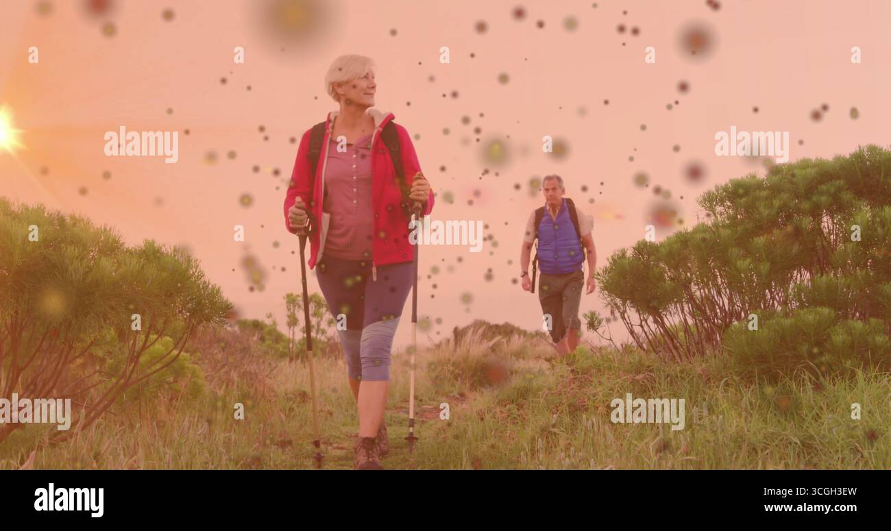 Wandern reifer erwachsener Frau, die den Mann bei Sonnenuntergang auf einem grasbewachsenen Pfad führt, mit Trekkingstöcken Rucksäcken Stockfoto