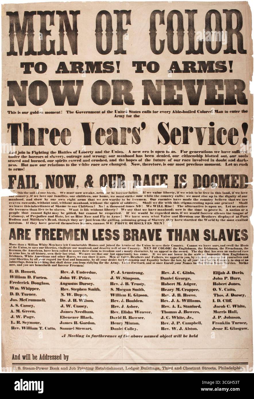 1863 Bürgerkriegsrekrutierung unter dem Titel Men of Color, to Arms!, geschrieben von Frederick Douglass und unterzeichnet von 54 Führern der afroamerikanischen Gemeinde Philadelphia. Das Poster wurde nach der Emanzipationsproklamation veröffentlicht und forderte afroamerikanische Männer auf, sich für drei Jahre in der Union Army zu engagieren. Veröffentlicht in Philadelphia, Pennsylvania. Stockfoto 1863 Bürgerkriegsrekrutierung unter dem Titel Men of Color, to Arms!, geschrieben von Frederick Douglass und unterzeichnet von 54 Führern der afroamerikanischen Gemeinde Philadelphia. Das Poster wurde nach der Emanzipationsproklamation veröffentlicht und forderte afroamerikanische Männer auf, sich für drei Jahre in der Union Army zu engagieren. Veröffentlicht in Philadelphia, Pennsylvania. Stockfoto