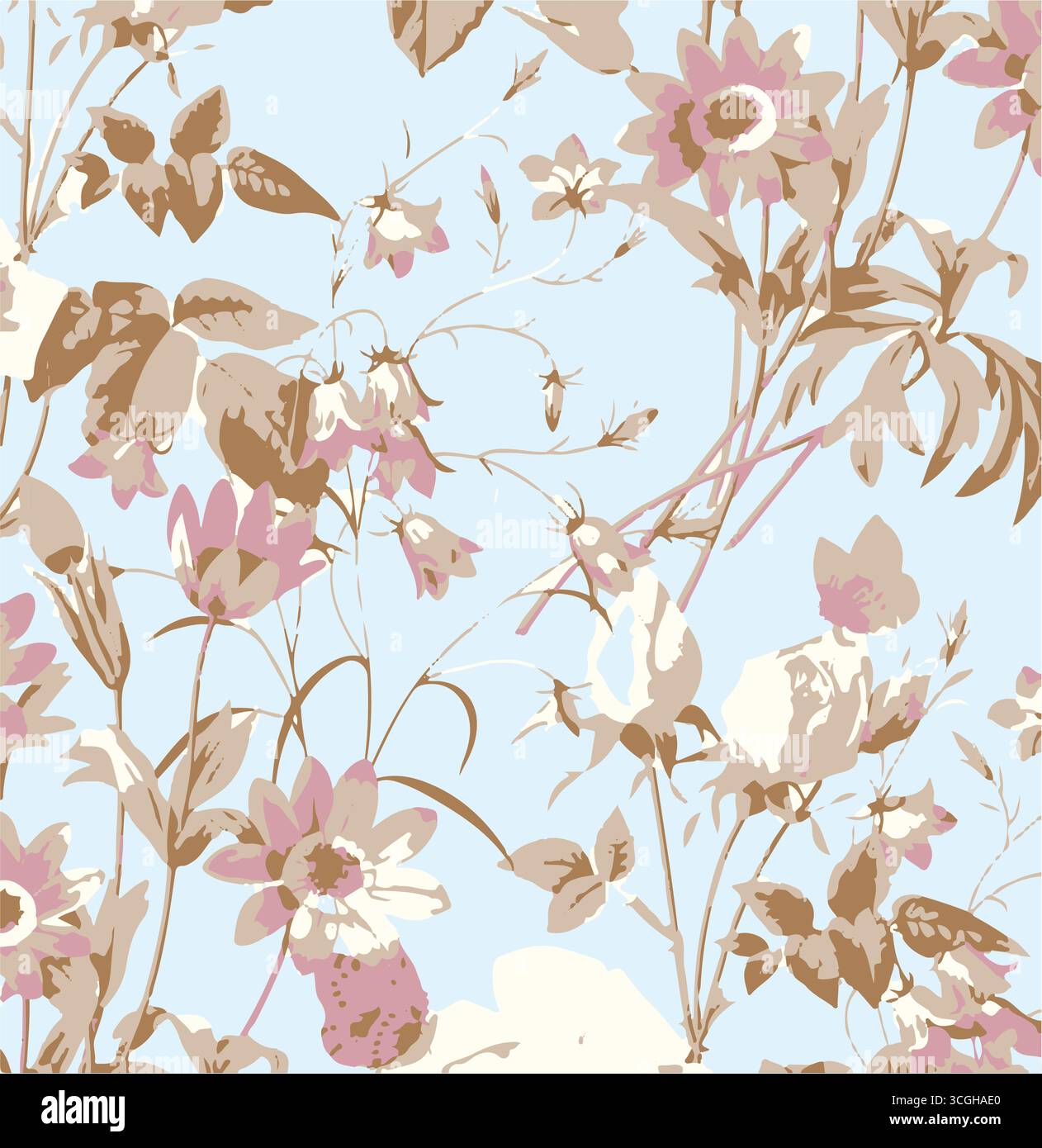 Das nahtlose Blumenmuster zeigt große, stilisierte weiße und rosafarbene Magnolienblüten mit einem durchscheinenden oder gespenstischen Aussehen auf einer massiven Terrakotta Stock Vektor