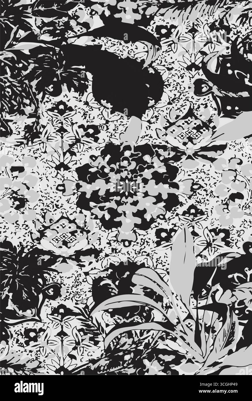 Handgezeichnetes, flaches Blumenmuster. Abstrakter floraler Hintergrund mit Blumen und Blättern. Handgezeichnete moderne Kunst. Vintage Bio handgezeichnet na Stock Vektor