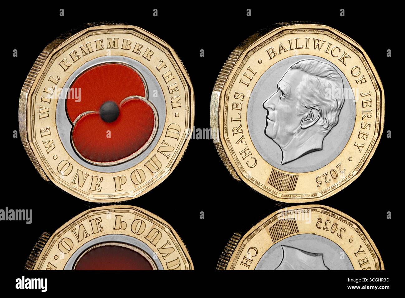 2025 Bailwick of Jersey Colour Poppy Pound Coin limted Edition of 15000 & Ausgabe zum Gedenken an die Royal British Legion Stockfoto