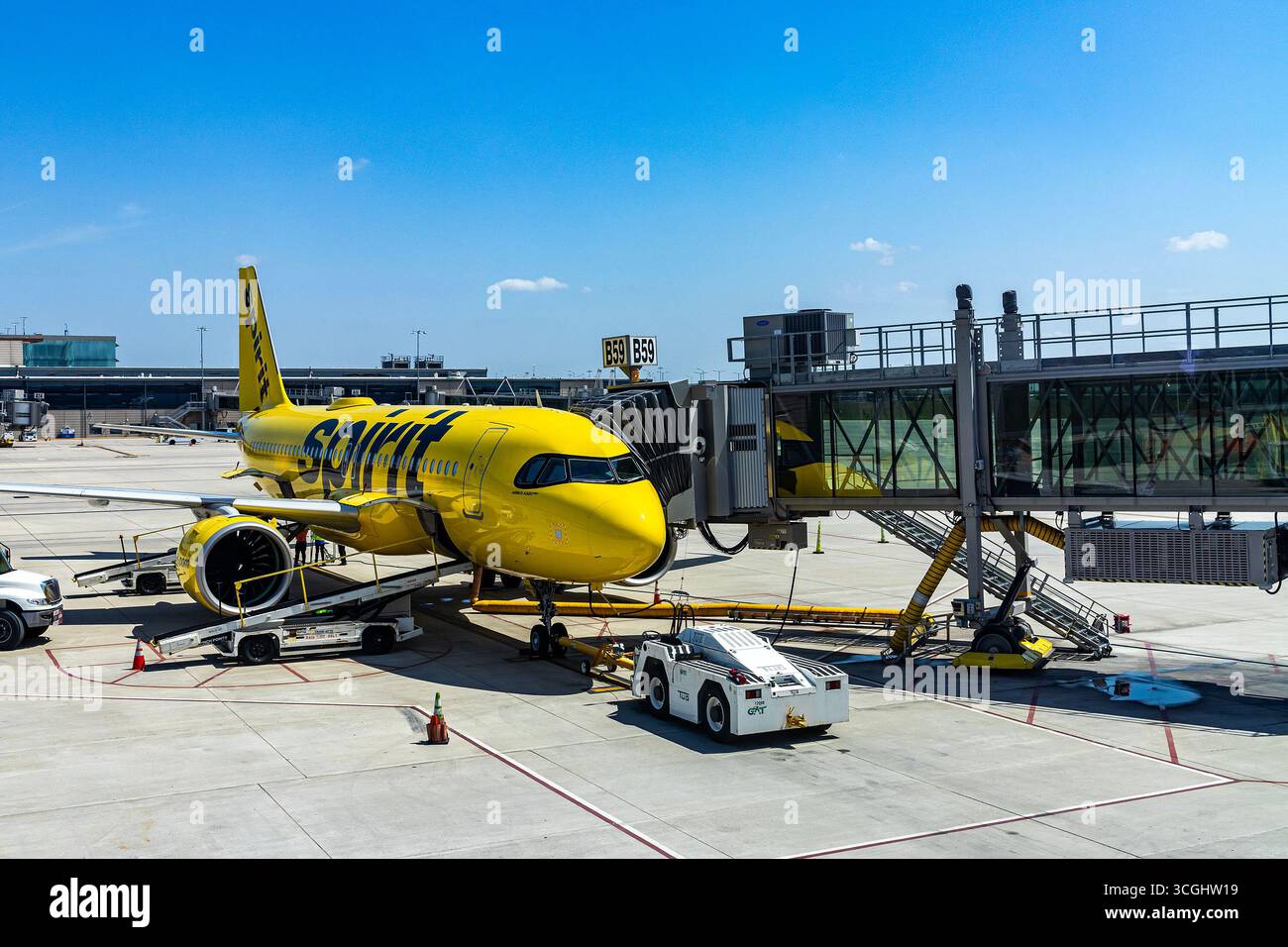 Ein Flugzeug von Spirit Airlines wartet am Terminal, an der Jetbrücke angeschlossen, auf dem Rollfeld am Flughafen LAX in Los Angeles Stockfoto