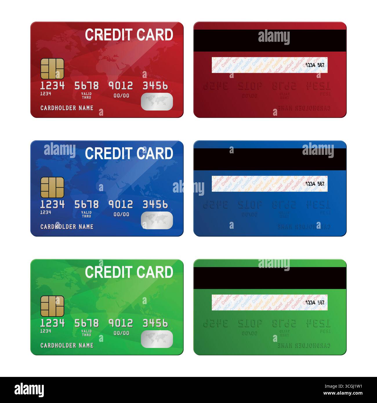 Vektor 3D Rot, Blau und Grün Kreditkartensatz. Realistische Kreditkarteneinziehung. Kunststoff-Kreditkartenmodell in Rot, Blau und Grün. Isolierte Zahlung Stock Vektor