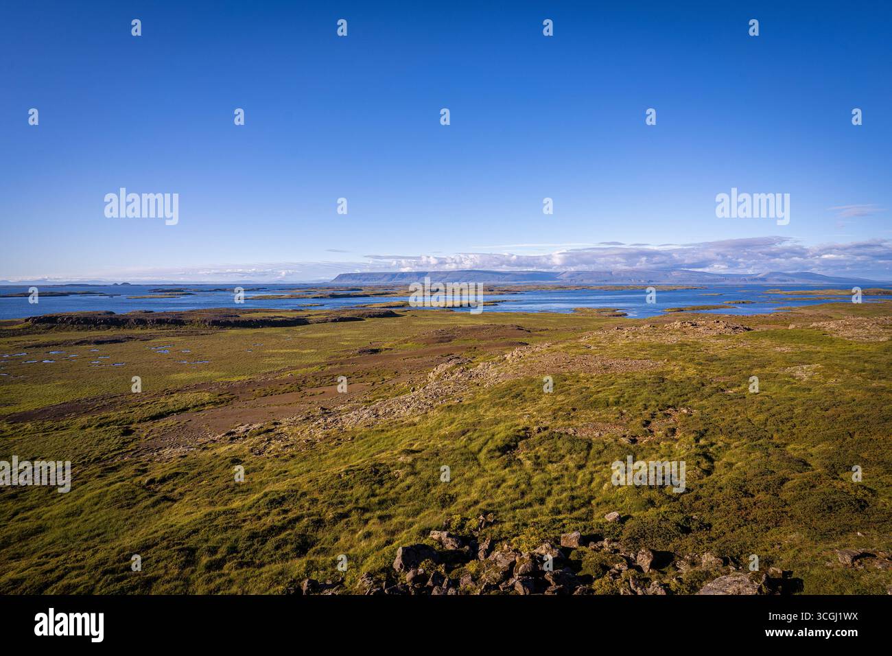 Die ausgedehnten isländischen Tiefen öffnen sich zu glitzernden Gewässern und weit entfernten Bergrücken unter einem leuchtend blauen Himmel und schaffen ein Panorama von purer Schönheit des Nordens Stockfoto