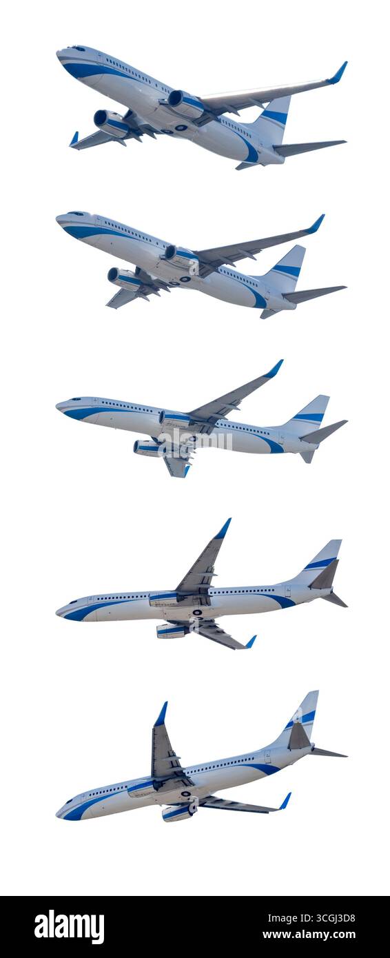 Fotocollage von Flugzeugen aus verschiedenen Winkeln isoliert auf weißem Hintergrund Stockfoto