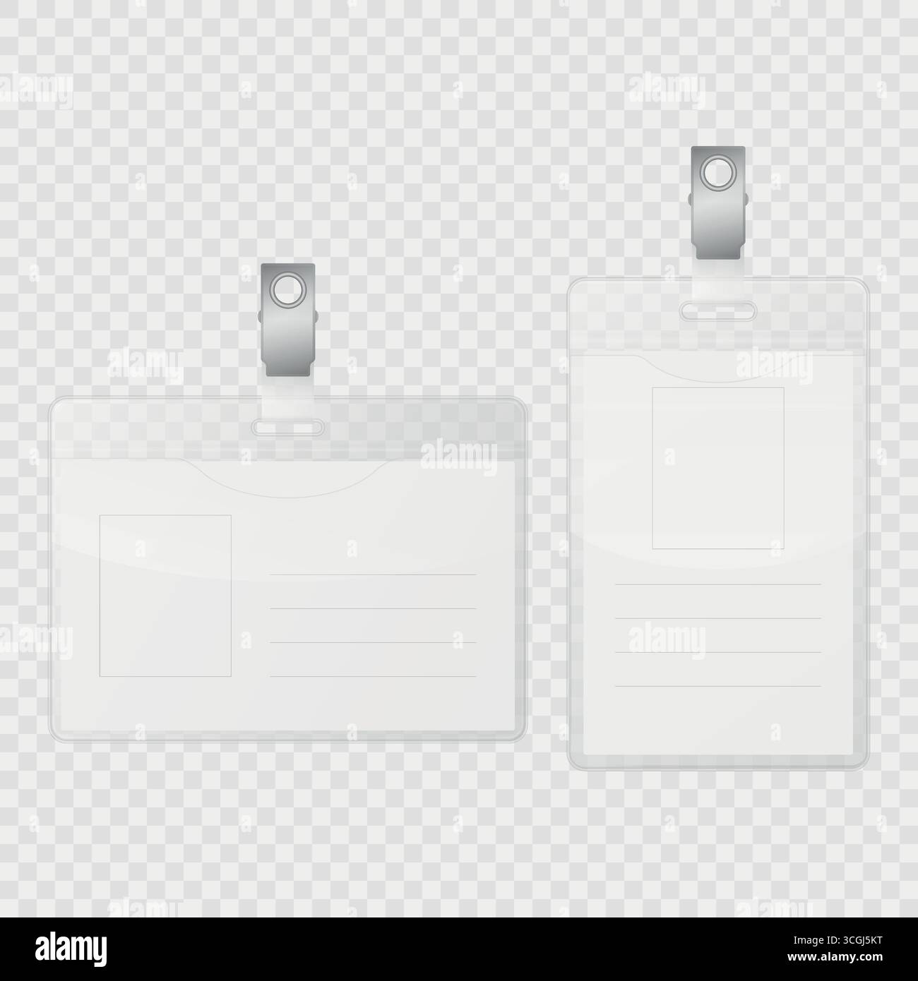Vektor-ID-Abzeichen mit Clip-Haltern Set. Vertikale und horizontale Layouts, Personalausweis, Besucherkennzeichnung, Zugangskarte für Konferenzveranstaltungen, Sicherheit Stock Vektor