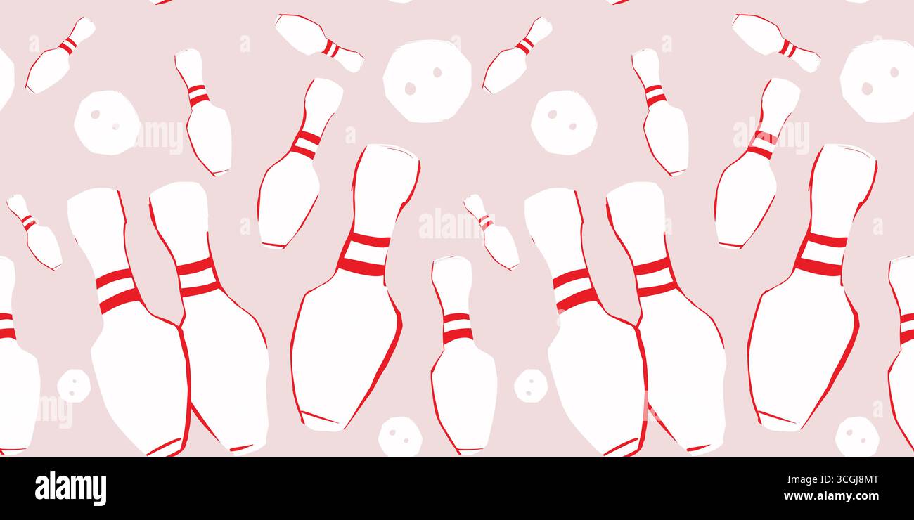 Nahtloses Bowlingmuster mit rot gestreiften Nadeln und Kugeln auf hellem Hintergrund. Lustige, sportliche Textur, perfekt für Design und Dekoration. Stock Vektor