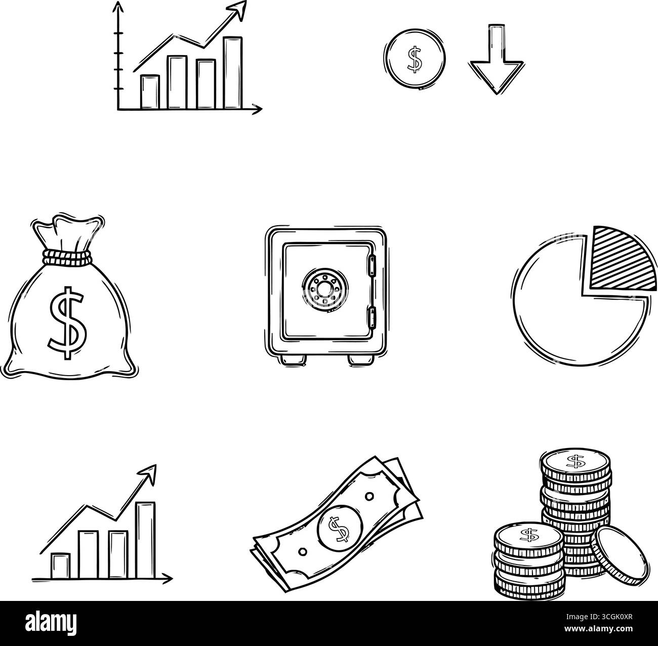 Handgezeichnete Doodle Business Finance Icons Geldwachstum Safe Chart Investment Banking Symbole Stock Vektor