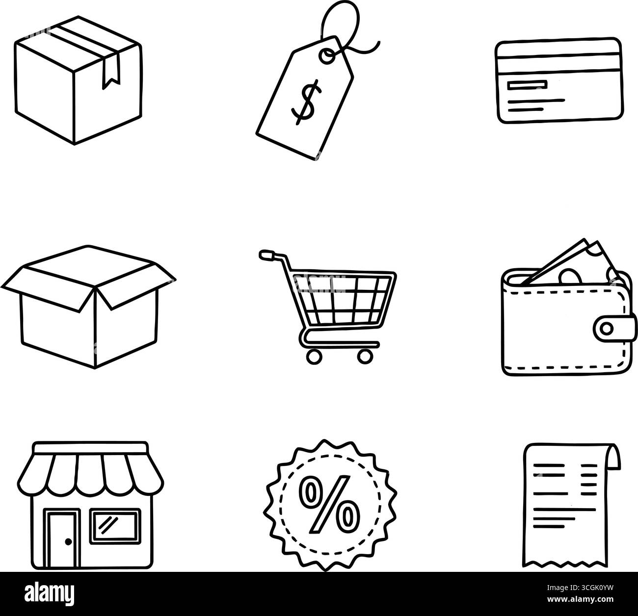 Handgezeichnete Kritzelsymbole für Shopping und Handel, die E-Commerce und Einzelhandelsunternehmen repräsentieren Stock Vektor