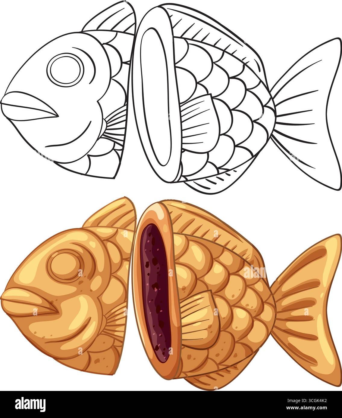 Vektorillustration von Taiyaki-Gebäck, Querschnitt mit Füllung aus roten Bohnen, farbigen und umrissenen Versionen Stock Vektor