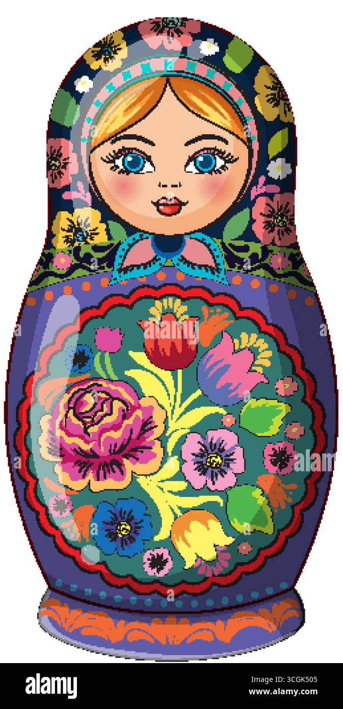 Bunter Vektor der russischen Nistpuppe mit floraler Volkskunst auf weißem Hintergrund, Vorderansicht. Stock Vektor