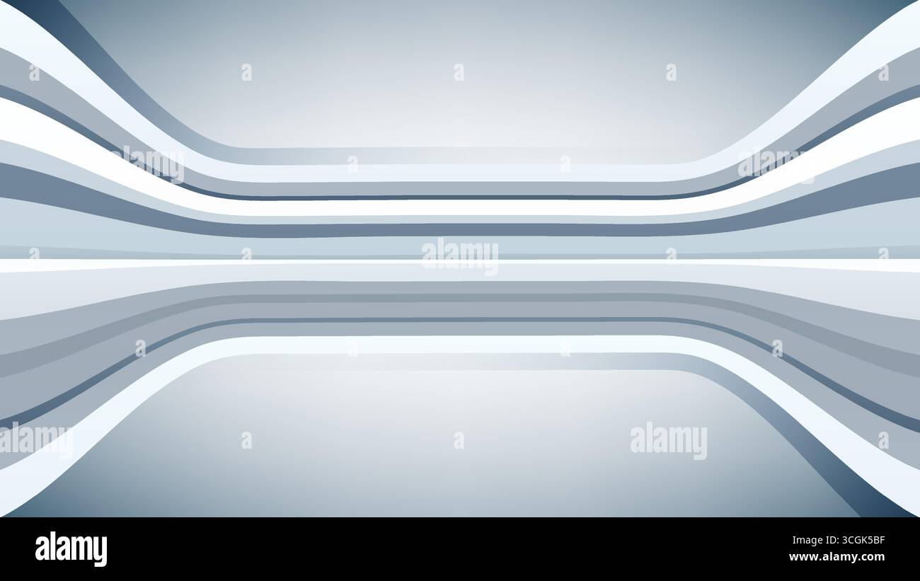 Abstrakter blauer Hintergrund mit gekrümmten symmetrischen Linien, die einen futuristischen Tunnelbühneneffekt bilden, ideal für digitale Designprojekte, die ein modernes Minimum erfordern Stock Vektor