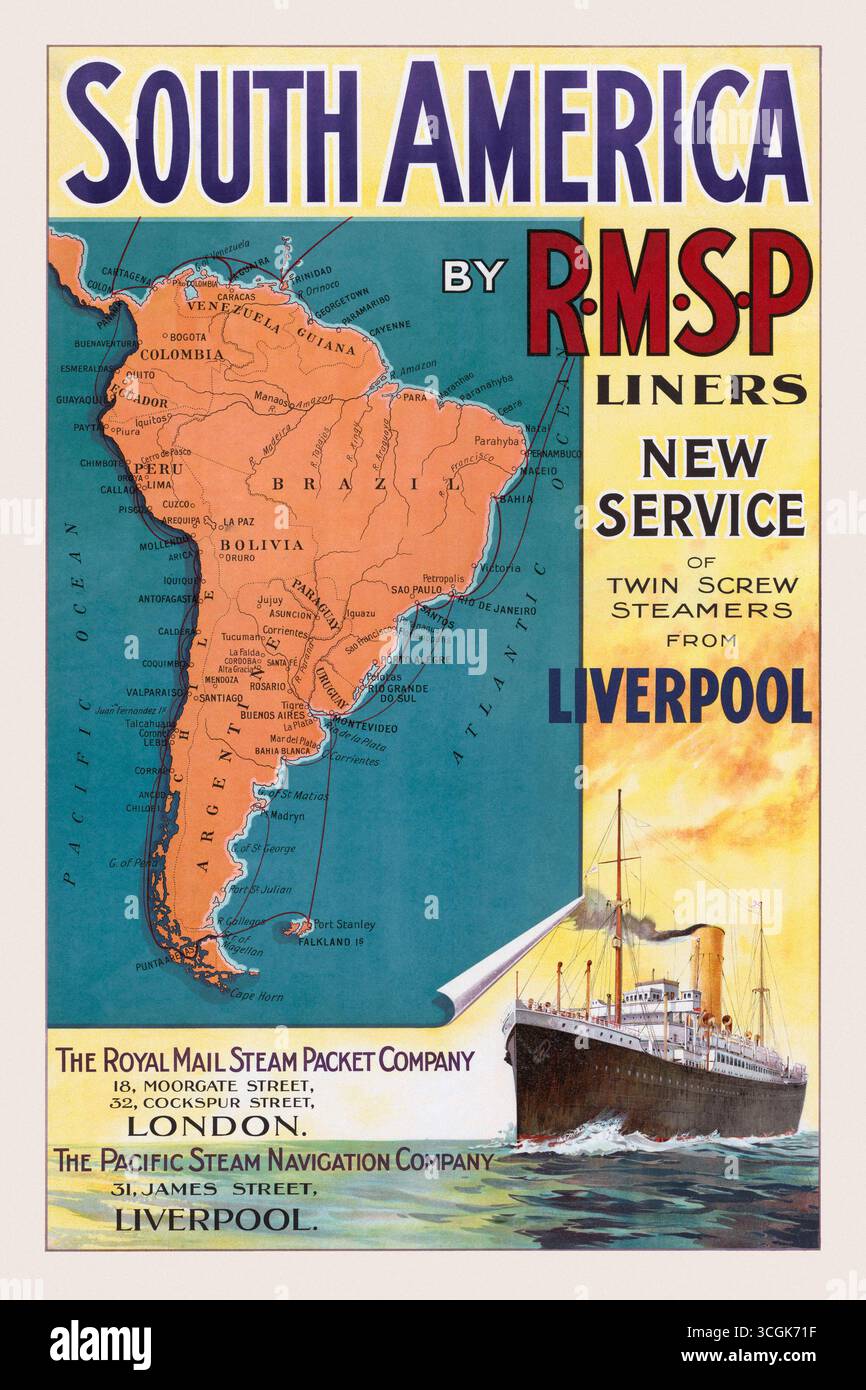 Südamerika von R.M.S.P. Liners. Neuer Service von Twin Screw Steamers aus Liverpool. Künstler unbekannt. Poster, veröffentlicht 1910 in Großbritannien. Stockfoto