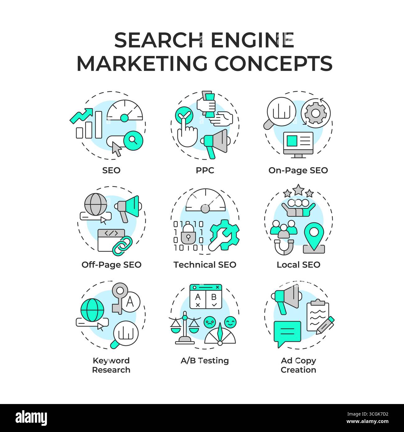Symbole für mehrfarbiges Konzept für Suchmaschinenmarketing Stock Vektor