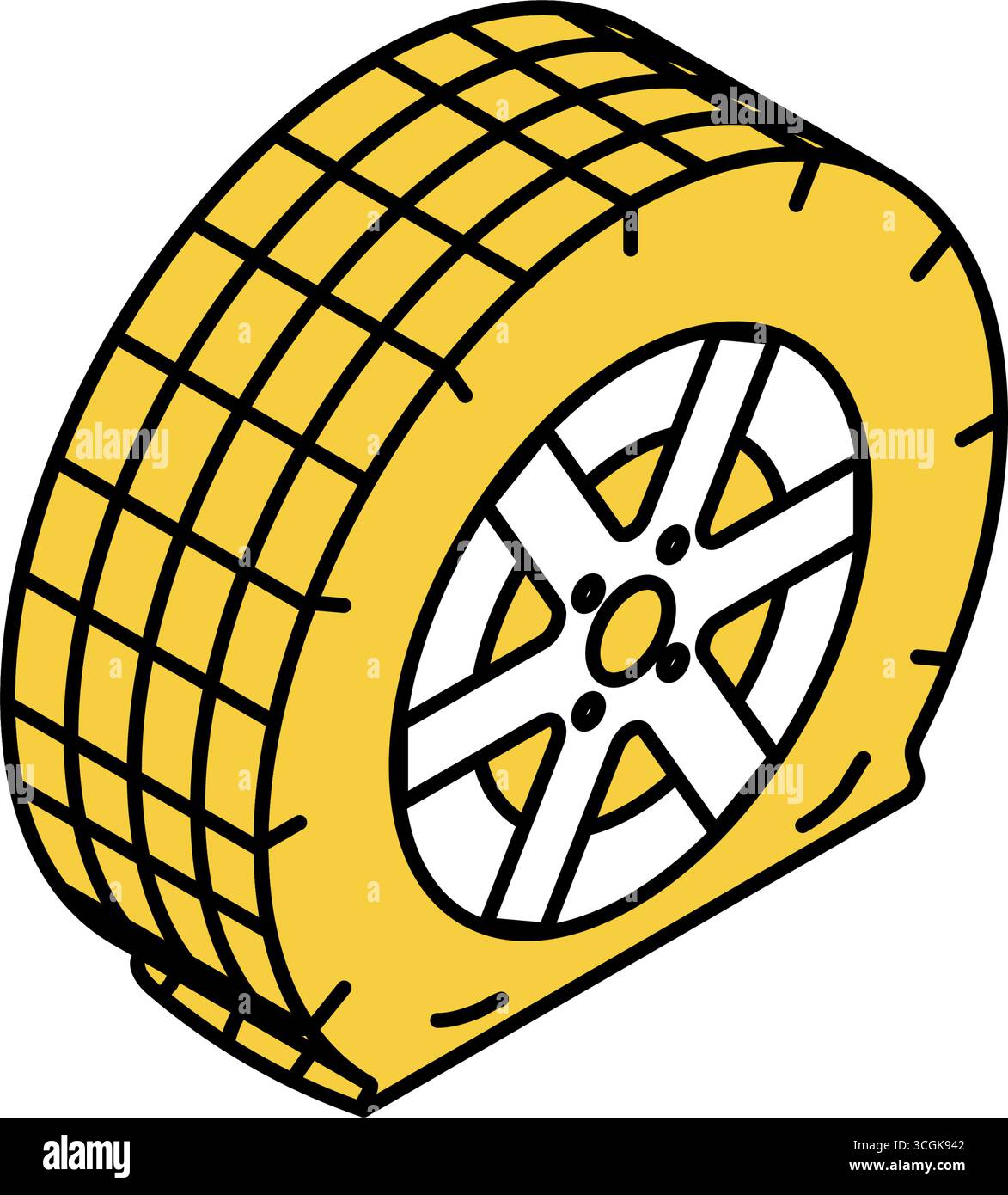 Isometrische Abbildung eines Platten Reifens, eines Reifenpannens mit detailliertem Profil, eines beschädigten Felds in der Perspektive, einer einfachen Linienzeichnung, Vektor-Illustration Stock Vektor