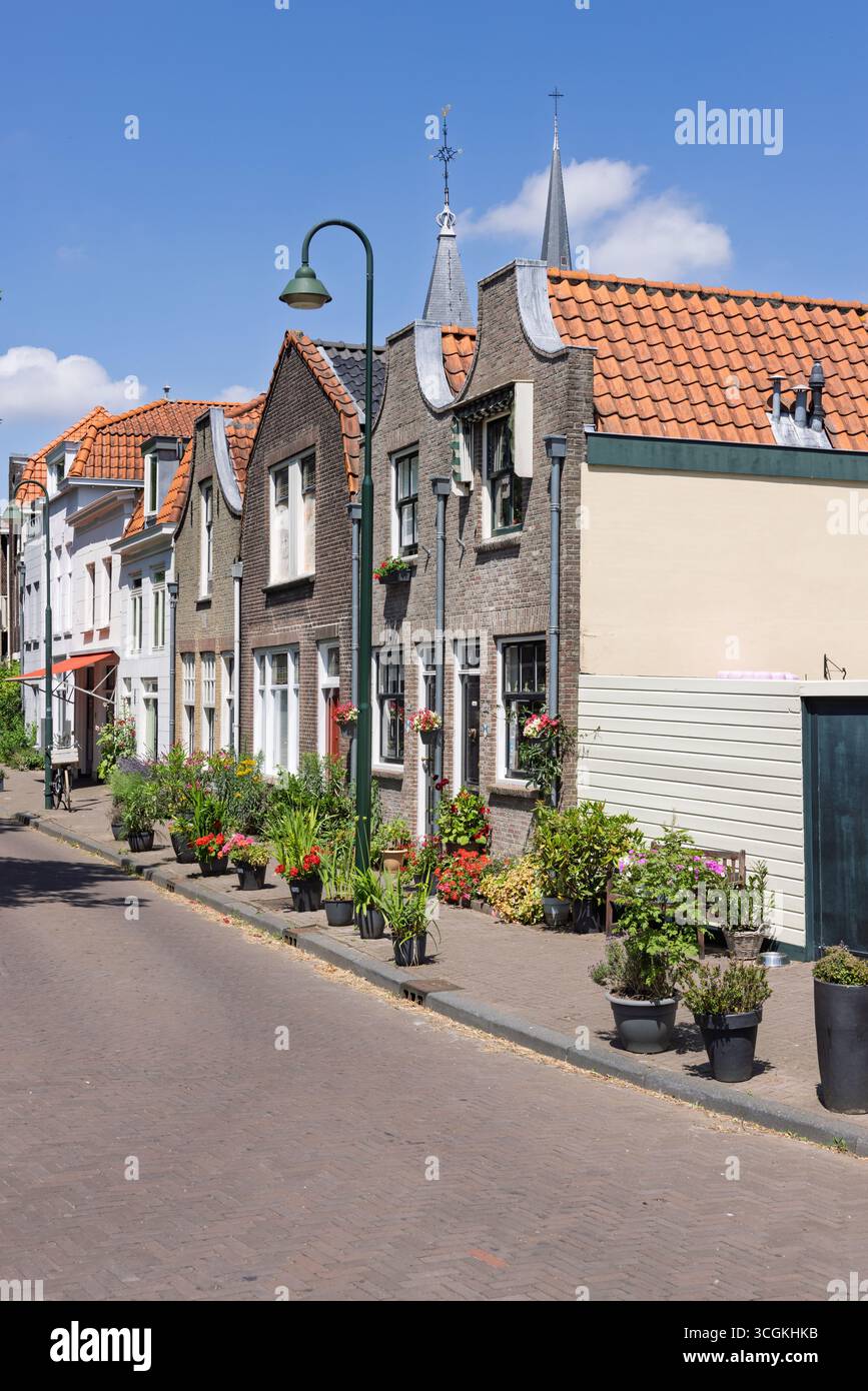 Eine farbenfrohe Straße in Gouda, gesäumt von charmanten niederländischen Häusern, geschmückt mit Topfblumen, unter einem hellblauen Himmel. Stockfoto