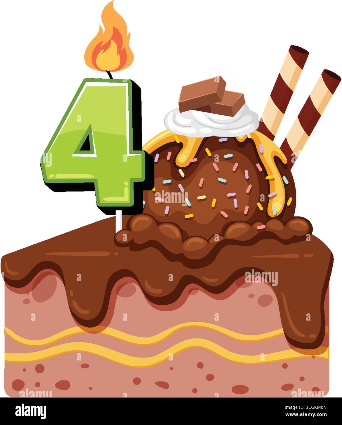 Vektor-Illustration der Schokoladenkuchenscheibe mit beleuchteter Kerze Nummer vier, Eis und Belägen. Stock Vektor