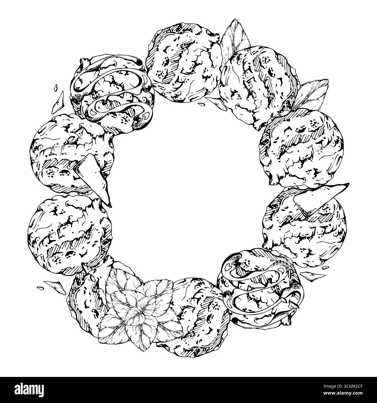 Eis-Eiskugeln mit Schokoladenchips, Sirup-Streuselglasur, Minzblätter. Grafischer Kranzrahmen Illustration handgezeichnet in Vektortinte. Saft Stock Vektor