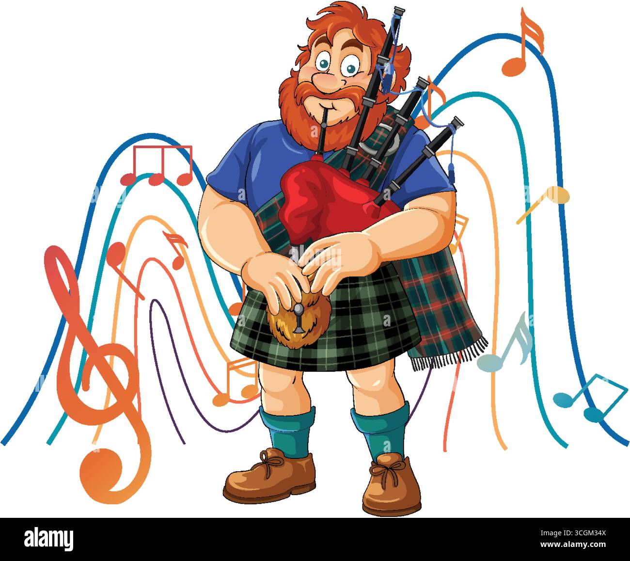 Fröhlicher schottischer Mann in traditioneller Kleidung, der Dudelsack spielt, umgeben von farbenfrohen musikalischen Noten. Stock Vektor