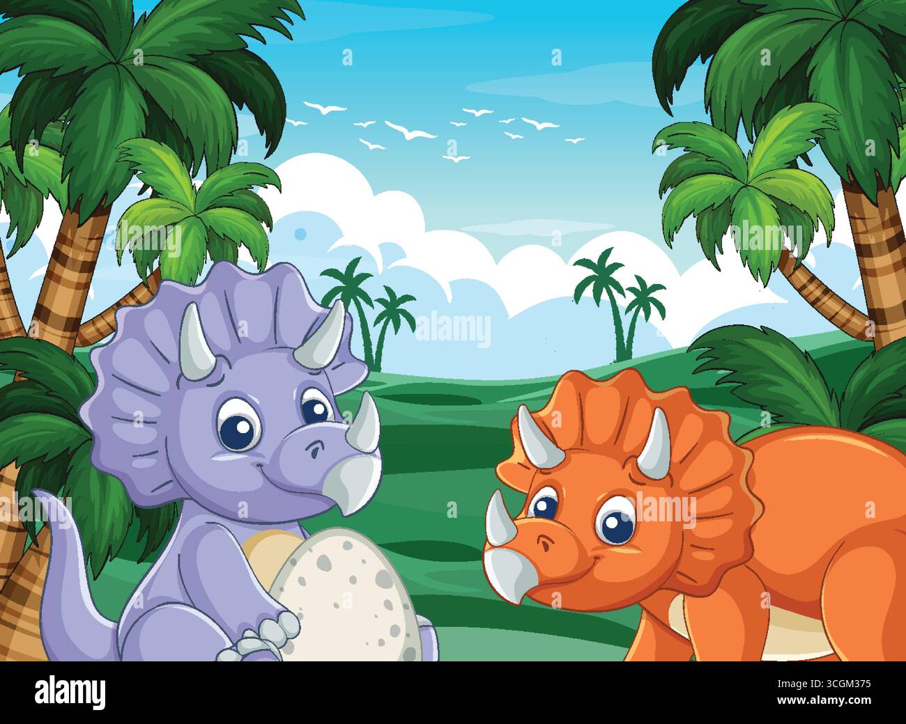 Zwei Cartoon-Dinosaurier spielen in einem bunten Dschungel mit Palmen und hellem Himmel zusammen. Stock Vektor