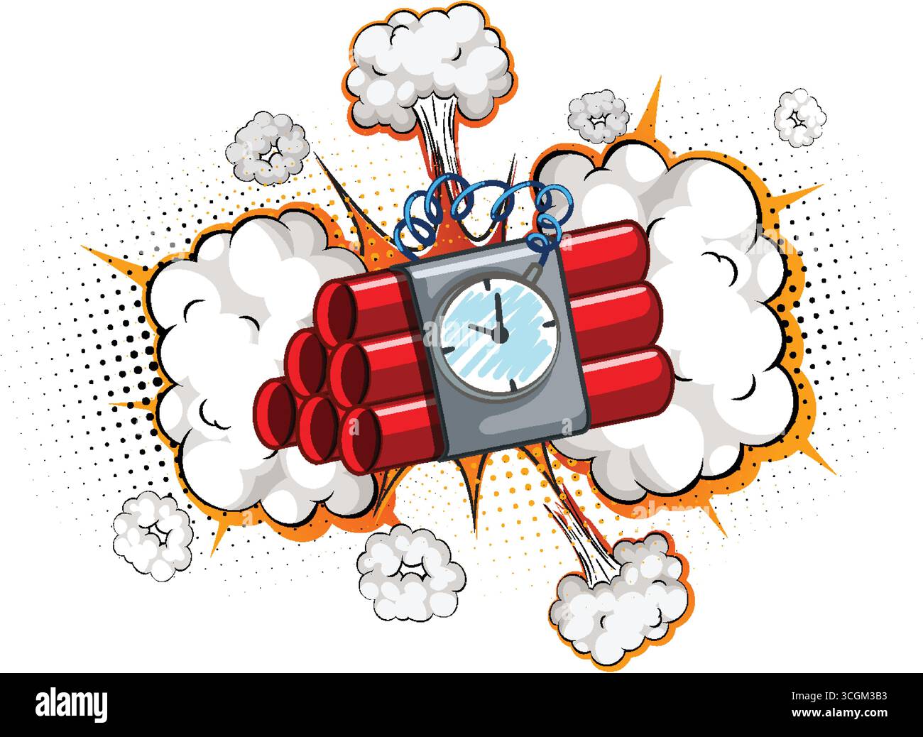 Vektor-Illustration der roten Dynamit Zeitbombe mit Uhr, Comic-Explosionswolken und Halbtoneffekten. Stock Vektor