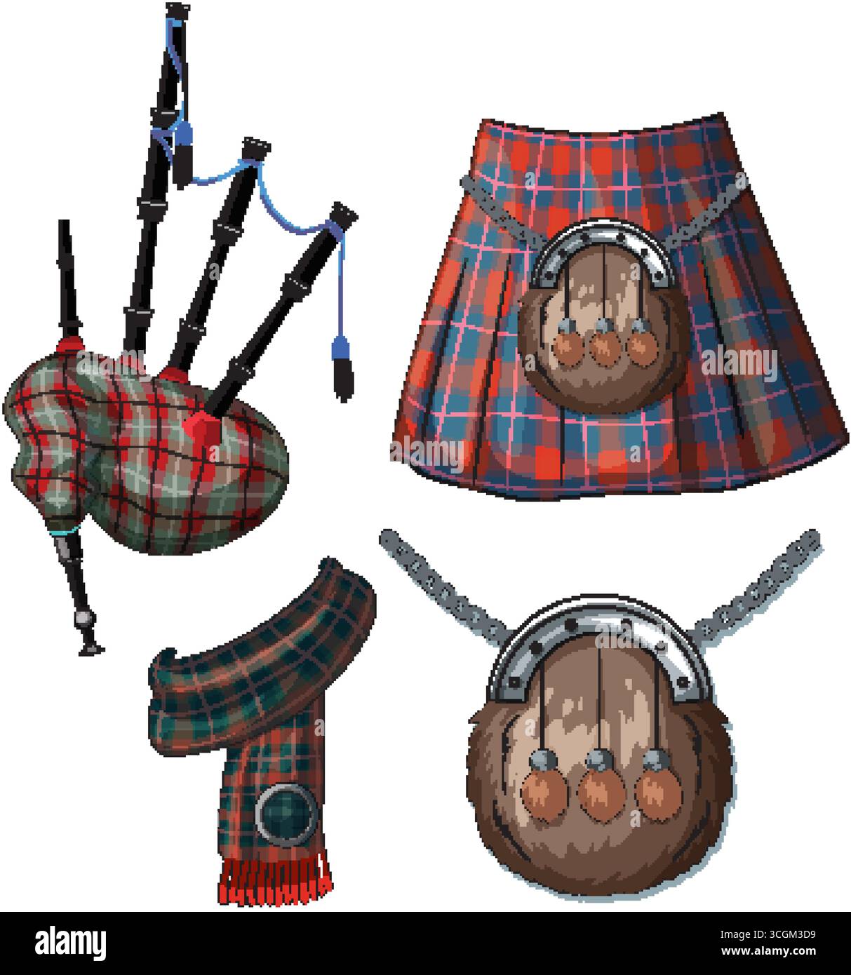 Vektorillustration von schottischen Dudelsack, Schottenkilt, Schal und Sporran auf weißem Hintergrund. Stock Vektor