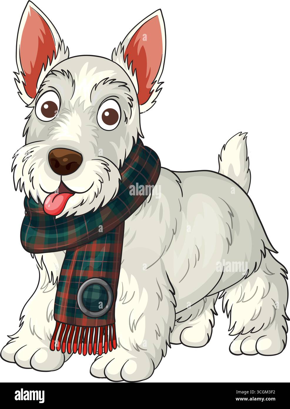 Verspielter Vektor-Cartoon des fröhlichen weißen schottischen Terrierhundes im grünen Schottenschal, Vorderansicht. Stock Vektor