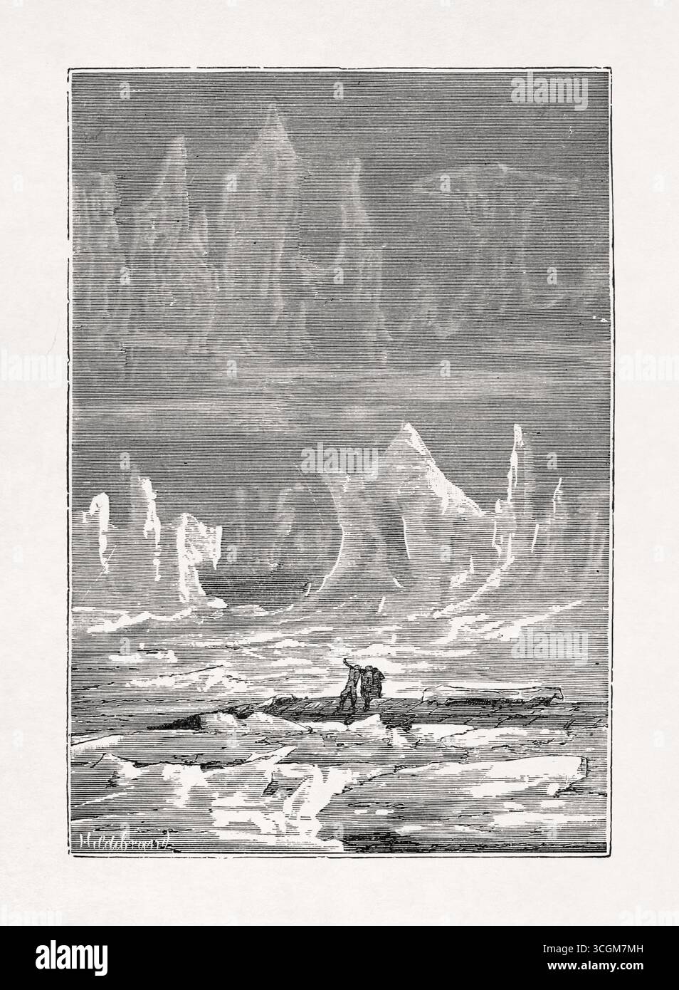 Illustration des Nautilus, der durch das Eis der Antarktis bricht, aus dem Buch „Twenty Thousand Leagues Under the Seas“ von Jules Verne. Stockfoto