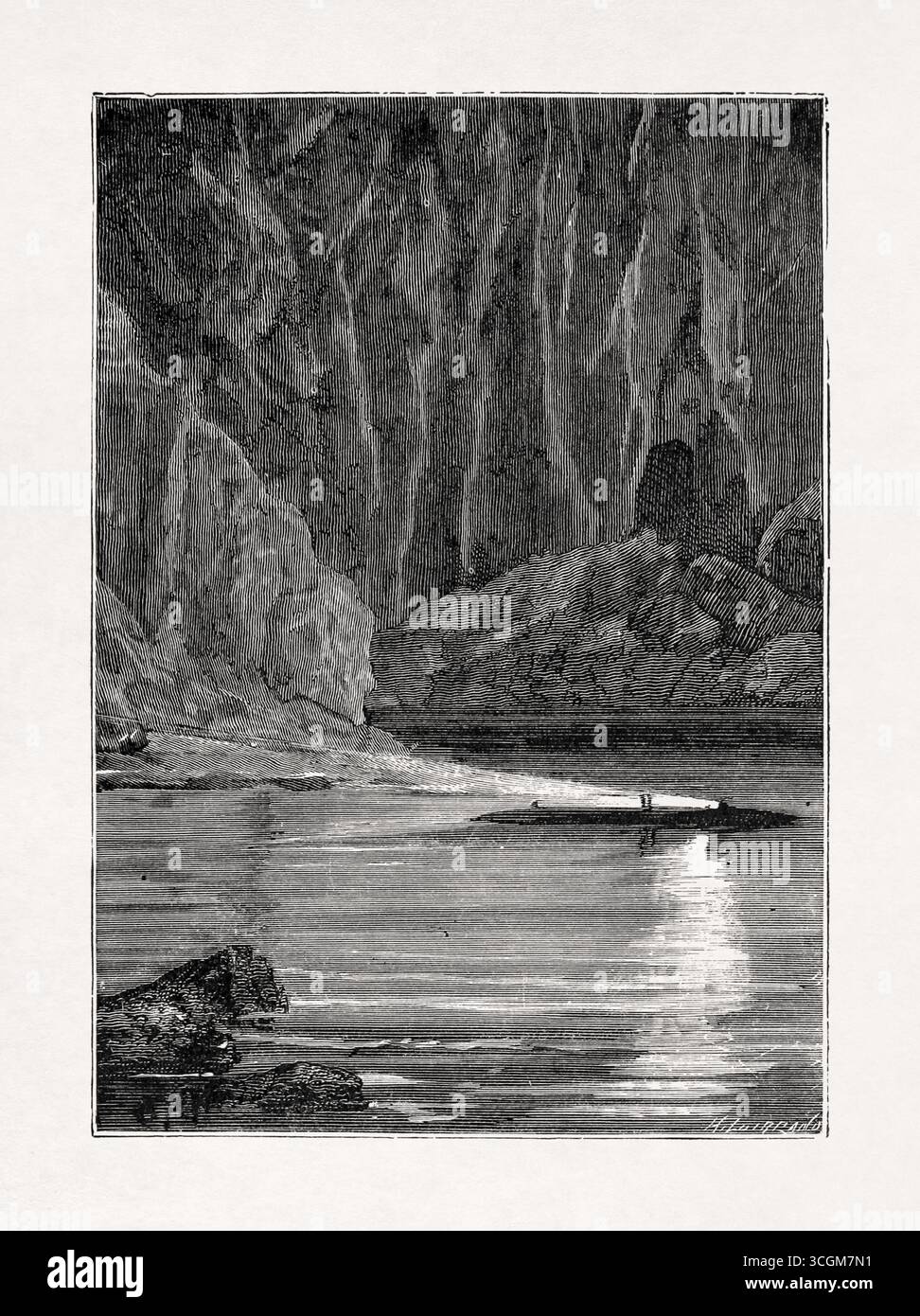 Illustration von Alphonse de Neuville, die den in einer Höhle stationären Nautilus aus dem Buch „Twenty Twenty Thousand Leagues under the Seas“ von Jules Verne darstellt Stockfoto