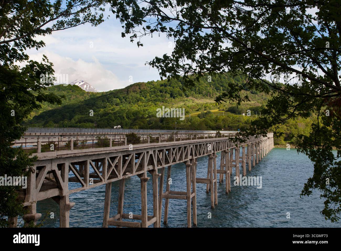 Eine Brückenstruktur über einen See, eingerahmt von ein paar Bäumen Stockfoto