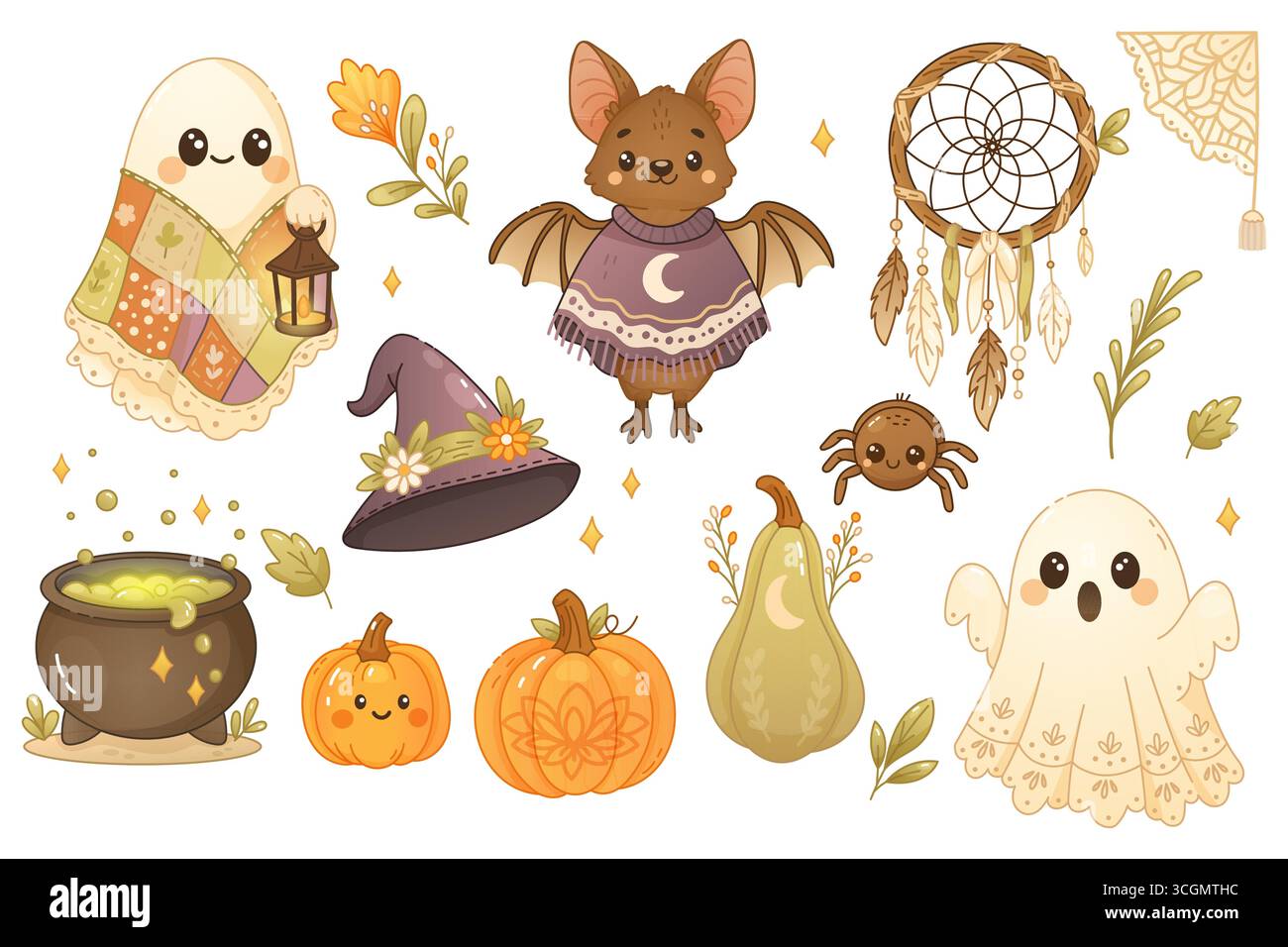 Niedliche Boho Halloween Clipart Kollektion mit Geister, Fledermaus, Kessel, Kürbissen, Traumfänger und gemütlichen Herbstelementen in sanften Farben. Stock Vektor