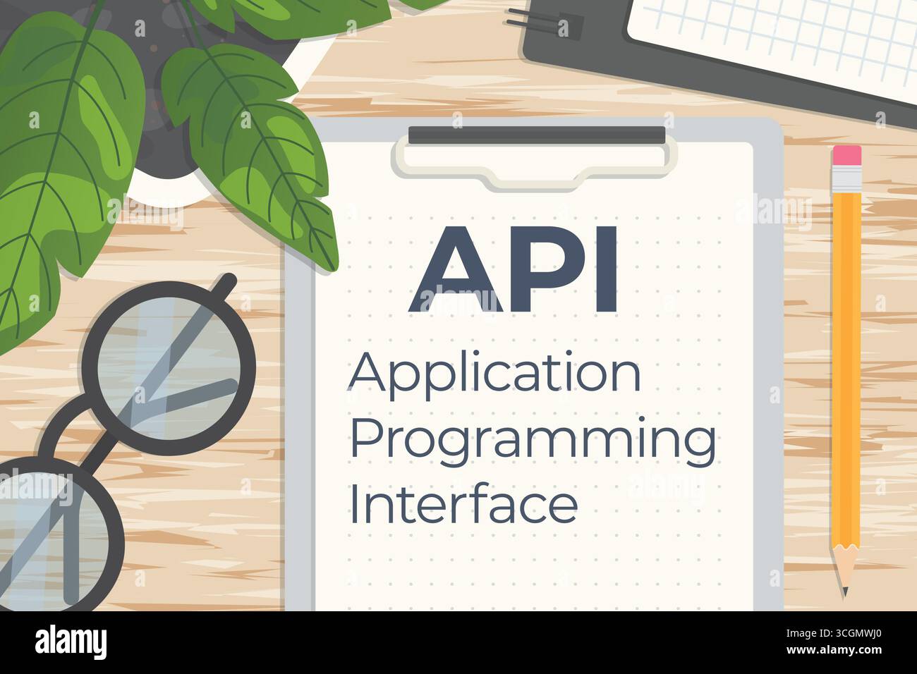 API Application Programming Interface auf einer Klemmplatte auf Holzvektorillustration geschrieben Stock Vektor