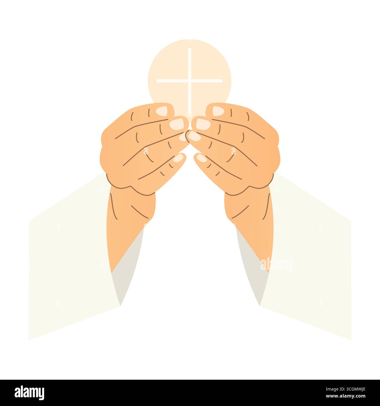 Hände des Priesters, der heilige eucharistische Gastgeber, Kommunion, Wafer hält; es ist ideal für religiöse Publikationen, kirchliche Newsletter oder spirituelle Websites - vec Stock Vektor