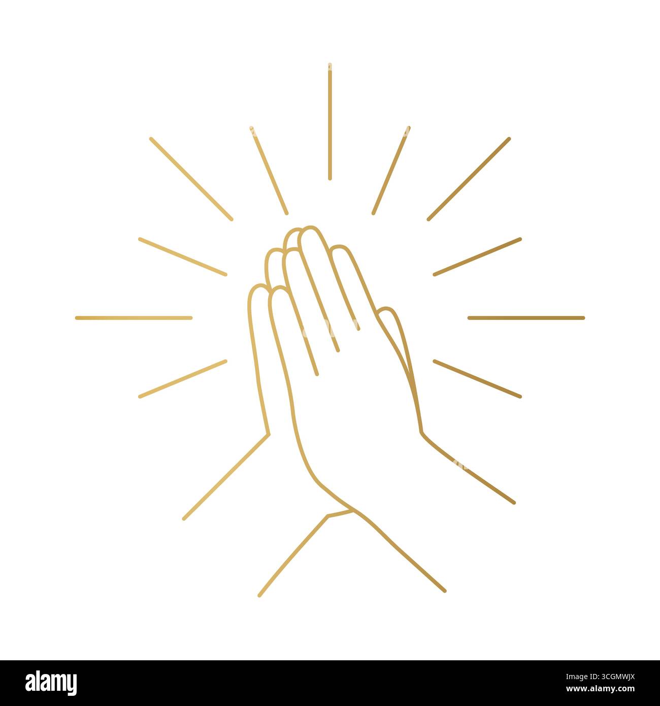 goldene Hände in betender Position mit Sonnenaufgang; es ist ideal für religiöse Publikationen, kirchliche Newsletter oder spirituelle Websites - Vektorillustration Stock Vektor